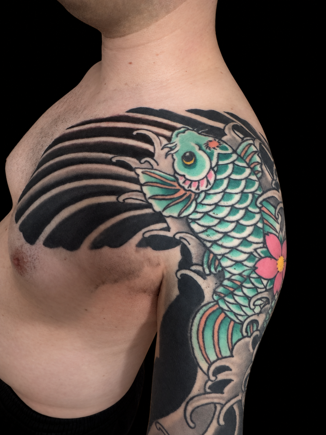 Colour Japanese koi shoulder tattoo
