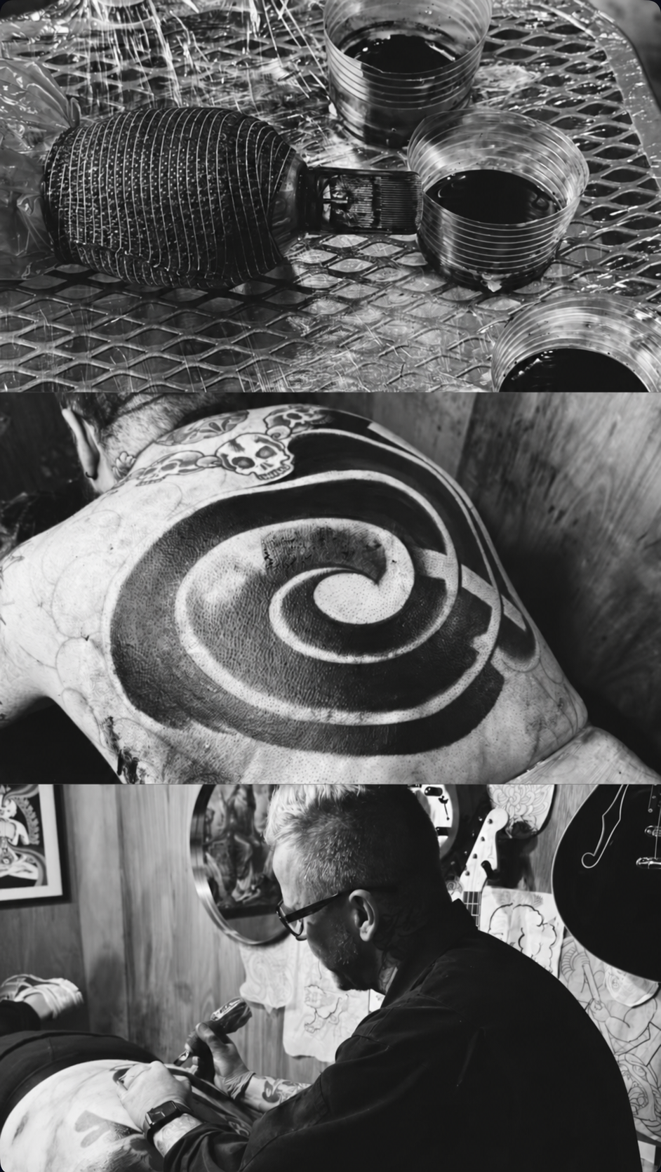 Black and white tattoo studio triptych