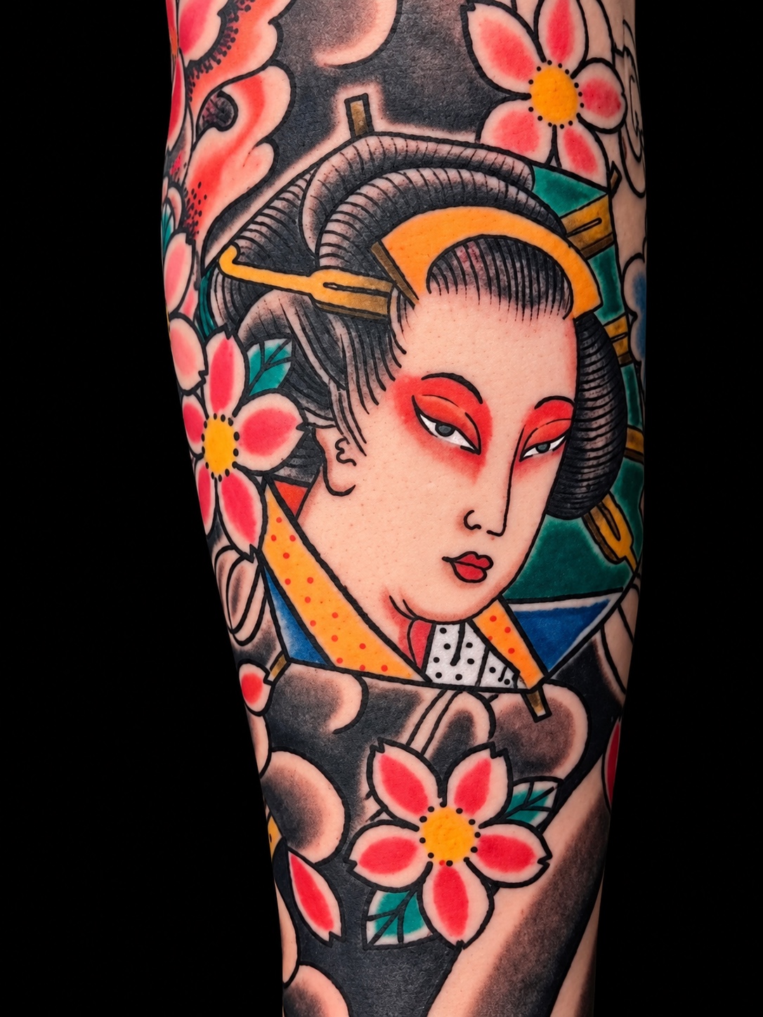 Japanese woman portrait tattoo with cherry blossoms