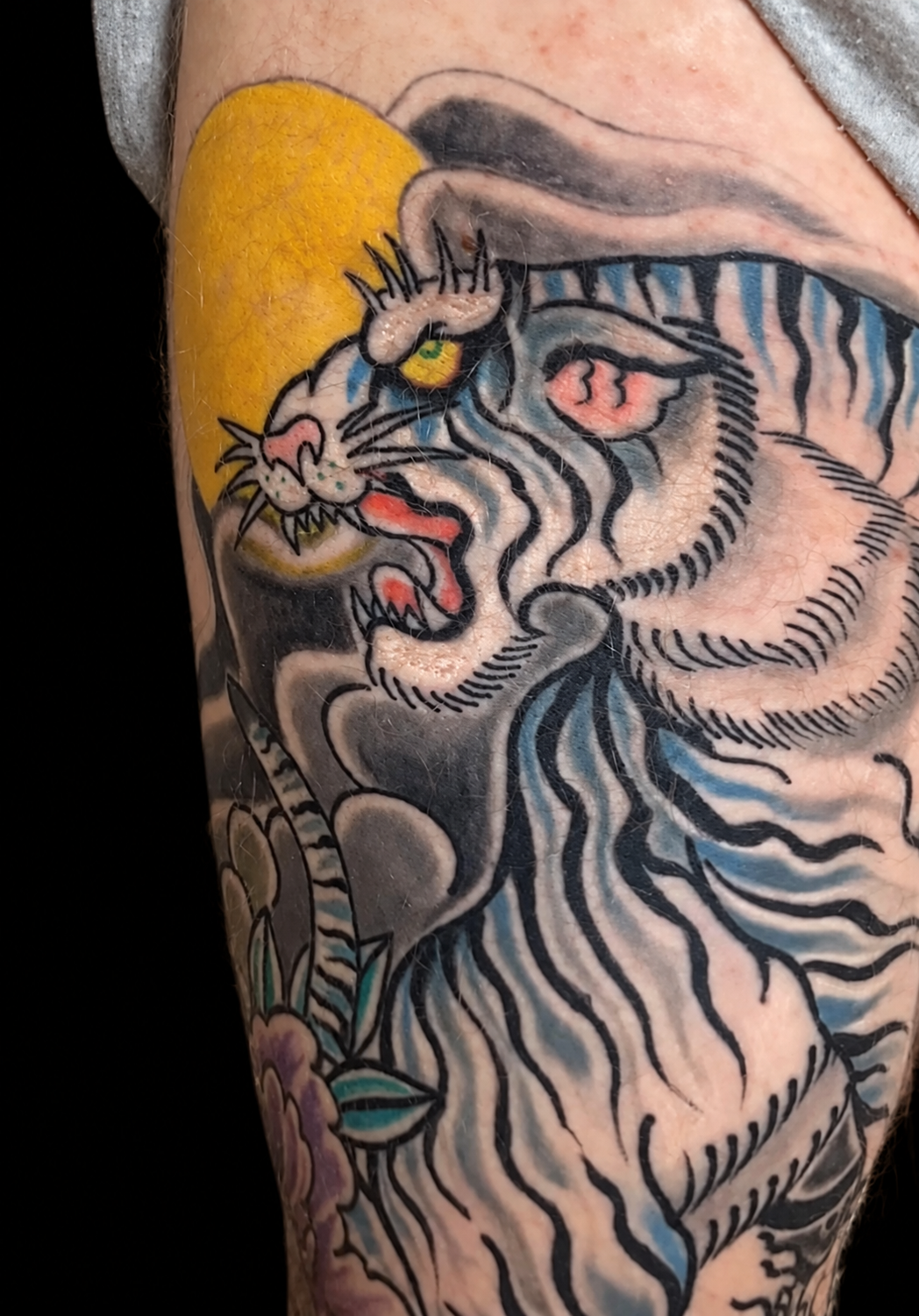 Japanese tiger torso tattoo displayed on a black gallery background