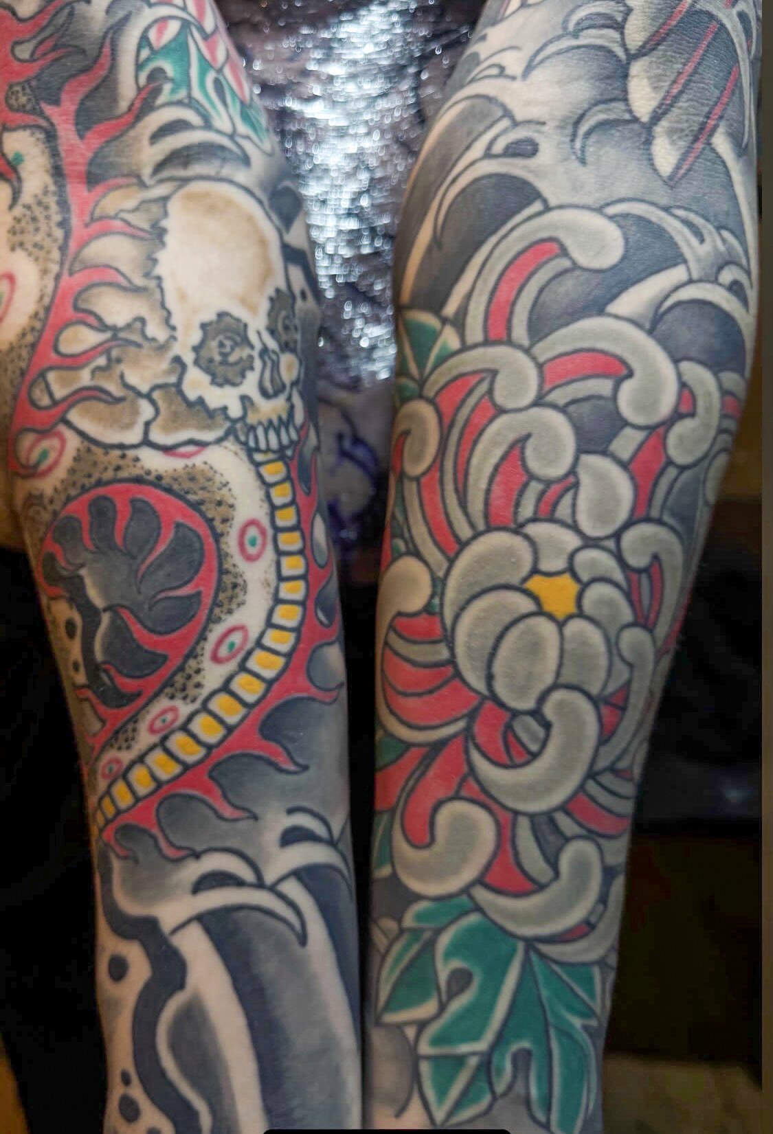 Pair of completed Japanese leg sleeves with black and red detail